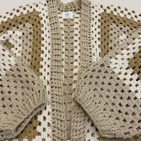 Anthropologie Chunky Crochet Cardigan Sweater | Cottage Core Granny Neutral NWOT - Picture 3 of 8